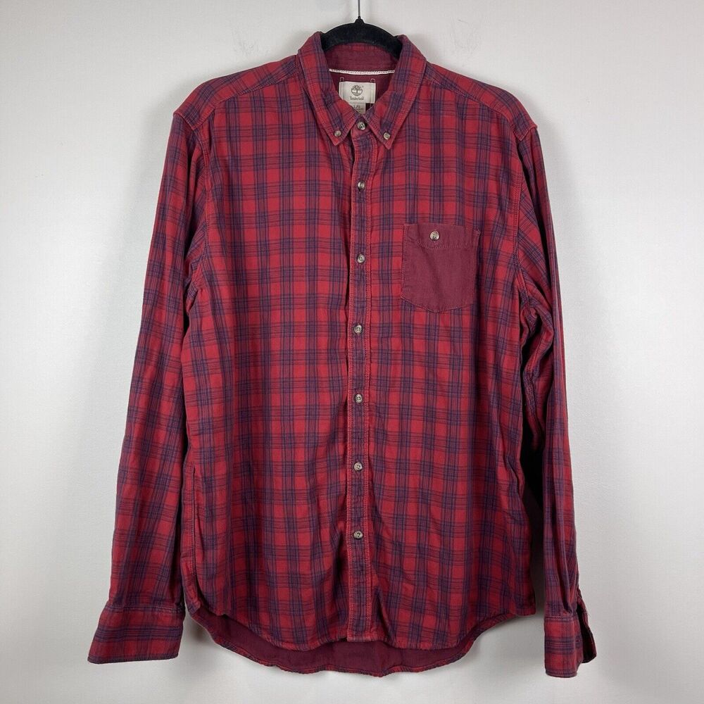 Timberland Mens‎ Shirt Button Down Red Plaid Large 100% Cotton Utility Outdoor